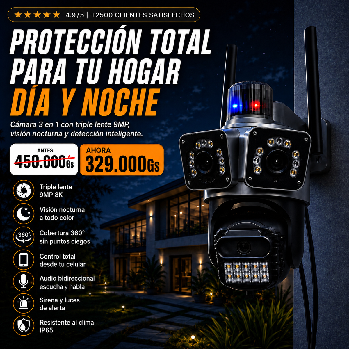 Cámara Pro Dome Wifi HD 360° con Triple Lente